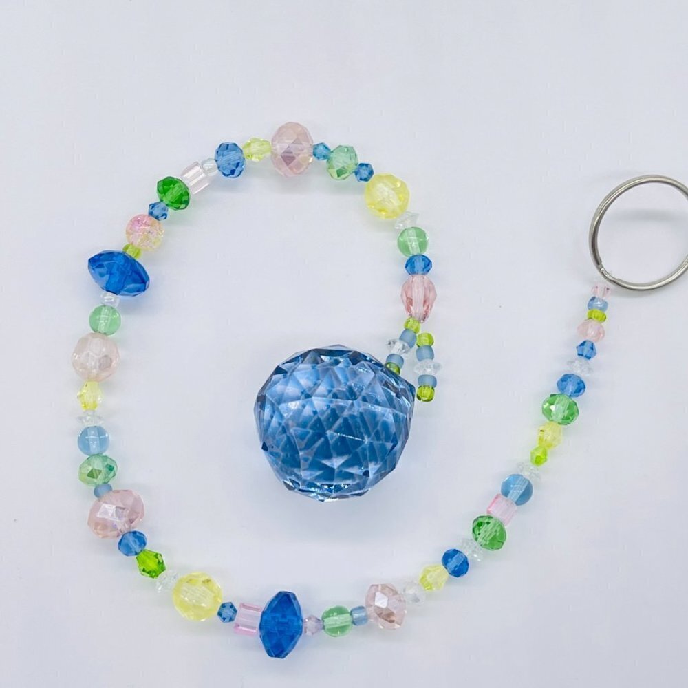 Beaded Suncatcher - Pastel Pink Blue Green Yellow - Blue Crystal Prism - Decor - Picture 1 of 12